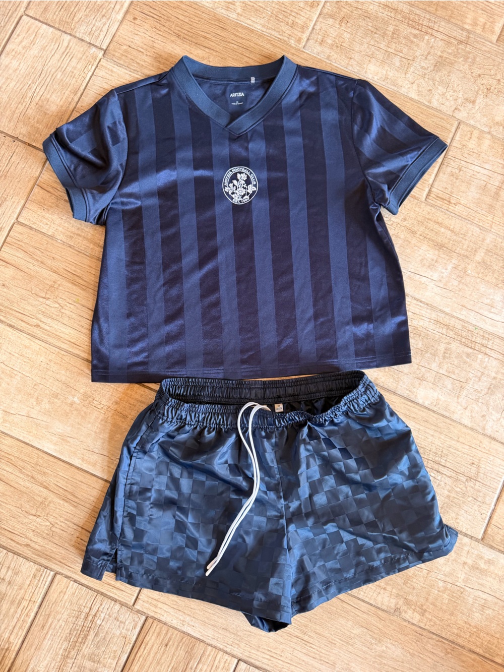 Aritzia Navy Striped Athletic Tee and Shorts Set